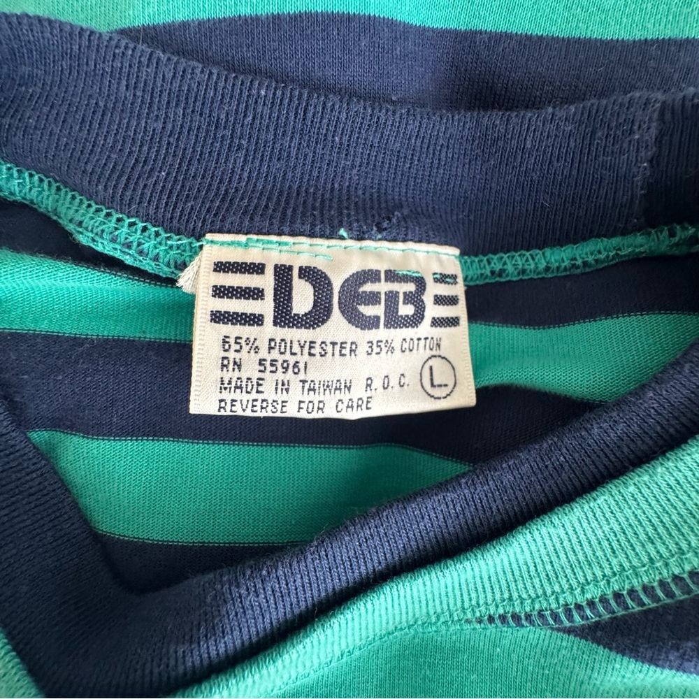Vintage 80s DEB Striped Pocket Tee Green & Navy – Size L - Picture 6 of 9